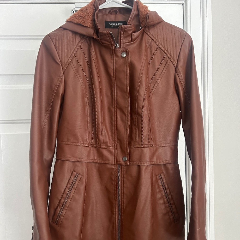 Chestnut brown, faux leather winter coat